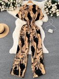Beach Summer Floral Jumpsuits Fashion V Neck Elastic Slim Short Sleeve Streetwear Vacation Retro Long Rompers