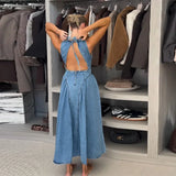 DERMEARNE Casual Round Neck Lace Up Backless Denim Dress Sleeveless High Waist Loose Zipper Robe Summer High Street Sexy Solid Clothing