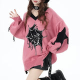 Y2k Gothic Women Sweater Harajuku Japanese Fashion V Neck Knit Pullovers Hole Oversized Contrast Color Grunge Autumn