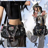 Y2k Hello Kitty Shoulder Bag for Women Gothic Chains Black Motorcycle Handbag Casual Pu Leather Punk Fashion New Armpit Bag