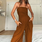 DERMEARNE Solid Backless Women's Jumpsuit Solid Off Shoulder Waist Cinching Pockets Wide Leg Pants Lady Bodysuit Summer Female Outwears