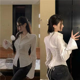 Spring And Summer High Street Sexy Suspender Shirt Female Trumpet Sleeve Lapel Slim Female Fashion Single-Breasted Sweater 2024