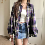 DERMEARNE Plaid Shirt Women Autumn Long Sleeve Top Female Vintage Fashion Single Breasted Blouse Ladies Preppy Style Loose Check Shirts