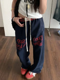 Vintage Women Sweatpants Baggy Korean Preppy Style Retro Trousers Streetwear Y2k Letter Printed Wide Leg Patchwork Pants