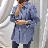 DERMEARNE Women Shirt Blouse Blue Vertical Striped Shirt Women's Autumn Clothing Loose Long Sleeve Shirt Blusas Mujer