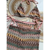 DERMEARNE Knitbikini Set Of Three Sexy Striped Swimwear Middle Age Polyester Fiber Beach Style Printed Knitted Bikini