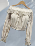 DERMEARNE Women Off Shoulder Shirt Blouse Lace Ruffle Cropped Top Lantern Sleeve Autumn Elegant Casual Retro Ethnic Sweet Blouse Shirts