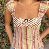 DERMEARNE Cottage Y2K Aesthetic Bow Trim Milkmaid Crop Top Plaid/Stripes Print Square Neck Tank Tops Women Backless Slim Fit Shirts Vest