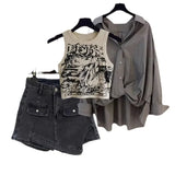 DERMEARNE Plus Size Spring Salted Lightweight Fashion Women's 2025 New Shirt Printing Vest Shorts Three-piece Suit Large Size Set Chine...