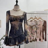 DERMEARNE Women's Retro Chic French Square Neck Lace-Up Bell Sleeve Long Sleeve Top Personalized Smudged Print Irregular Hem Sweety Shirt