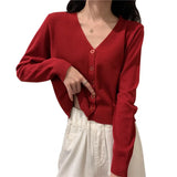 Women's Long Sleeve Cropped Cardigan V Neck Button Down Knit Lady Autumn Winter Knit Single-breasted Cardigan Sweaters