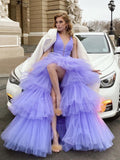 Xijun Lavender Tiered Ruffles Tulle Evening Dresses V-Neck Sleeveless Pleat Ruched Prom Dress Wedding Party Gowns 2023