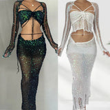2024 Summer Women Crochet Knitted Dress Two Piece Skirt Sets Clothes Sexy Crop Tops Elegant Knit Sequin Dress 2 Piece Set Outfit