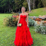 Xijun Red Tiered Ruffles Tulle Evening Dresses Sweetheart Sleeveless A-Line Pleat Ruched Party Prom Gowns vestidos de festa