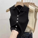 DERMEARNE Summer Chic Ice Silk Knitpolo Lapel Thin Slims You And Smooths Your Silhouette Tank Outer Wear Vest Women's Shoulder Vest No Sle