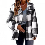 DERMEARNE Autumn Winter Women's Thickened Plaid Lamb Velvet Jacket with Pockets Buttoned Fluffy Outerwear Casual Loose Fit Coat