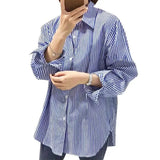 DERMEARNE Women Shirt Blouse Blue Vertical Striped Shirt Women's Autumn Clothing Loose Long Sleeve Shirt Blusas Mujer