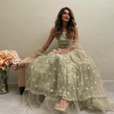 Xijun Dubai Lace Appliques Embroidery Flower Tulle Evening Dresses A-Line Pleat Ruched Saudi Arabic Women Formal Party Prom Gown