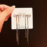 Temperament Stainless Steel Ribbon Long Tassel Bowknot Drop Dangle Earrings for Women Charm Party Jewelry Korean Fashion Gift