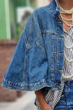 DERMEARNE Plus Size Daily Blue Turndown Collar Flare Long Sleeve Denim Jacket Outwear