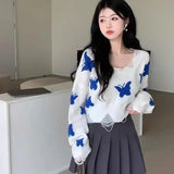 Dermearne Korean Fashion Graphic Butterfly Knitted Sweater Woman Sweet Oversized Cropped Off Shoulder Tops Women Casual Loose Jumper