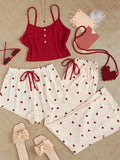 Dermearne Women Summer Sexy Pajamas Sets Female Cute 3Pcs Home Clothing Female Solid Color Strap Heart Print Long & Short Pants Nightwears