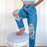 DERMEARNE Ripped Vintage Woman's Jeans Distressed  Streetwear Hole Hip Hop High Waist Pants Fashion Straight Denim Trousers Summer Jean