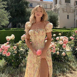 DERMEARNE Floral Printed Women's Dress Puff Short Sleeve Casual Outfits Boho Front Lace-up Vintage Sundress Party Streetear Summer Dress