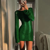 DERMEARNE Sexy Women Backless Cutout Dress Long Sleeve Round Neck Solid Color Crochet Knit See Through Mini Dress Summer Beach Sundress