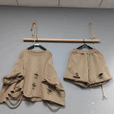 DERMEARNE Spring/Summer Pullovers Sets Women Beggar Hole Loose Oversized Short Sleeve Top and Wide Leg Shorts Fashion Casual Two Piece Set