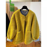 DERMEARNE High Grade Lamb Wool Jacket for Women Loose Warm Velvet Coat 2025 New Spring Autumn Large Pockets Fashion Outerwear M-3XL