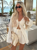 Summer Vacation Women Hollow Out Lace Up Shirt Sets 2024 Lady Solid V Neck Top And High Waist Shorts Suits Female Outfits