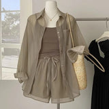 DERMEARNE Women's three-piece summer new thin sunscreen shirt top+slim suspender vest+loose Joker shorts.