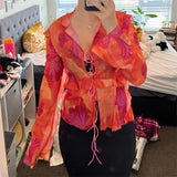 wsevypo Tie-Dye Print Ruffle Trim Tie-Up Cardigans Women Long Sleeve Shirts Spring Summer V-Neck Swimsuit Cover-Up Tops