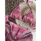 DERMEARNE Knitbikini Set Of Three Sexy Striped Swimwear Middle Age Polyester Fiber Beach Style Printed Knitted Bikini