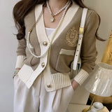 Retro V-neck Contrast Border Embroidered Wheat Long Sleeved Knitted Cardigan College Elegant Women Sweater Coats Autumn Casual