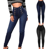 DERMEARNE Women High Waist Pencil Jeans Double-breasted Button Fly Denim Pants Skinny Hip Lifting Long Trousers Lady Sexy Bodycon Jeans