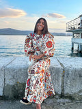 DERMEARNE Women Floral Print Boho Maxi Dress Ethnic Style O Neck Half Puff Sleeve Oversize Vestidos 2025 Casual Beach Holiday Long Robe