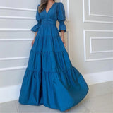 DERMEARNE Elegant Ruffle Splicing High Waist And Large Swing Dress For Spring 2025 New Women's Fashion V-neck Long Sleeved Maxi Dress