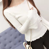 DERMEARNE 2025 New Spring and Autumn Fashion Simple Solid Elastic Slim Fit Wooden Ear Edge One Line Neck Flare Sleeve Knit Underlay Shirt