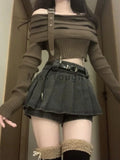 Y2k Sexy Knitted New 2 Piece Set Women Korean Sweet High Street Skirts Suit Female Off Shoulder Sweater + Mini Skirt Pants 2024