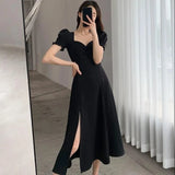 DERMEARNE Solid Puff Short-Sleeved Elegant Slit Dress New Fashion Women V-neck Full Dresses Ladies High Waist Slim Evening Party Vestidos
