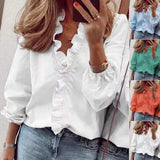 DERMEARNE 2025 Vintage Ruffles Women Blouses Autumn Long Sleeve Office Lady Elegant Tops Cotton Casual Tops V-neck Shirt Clothing