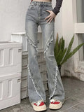 2024 Woman Korean High Waist Narrow Jeans Lady High Street Slim Fit Denim Flare Pants Female Blue Fashion Bell Bottom Trousers