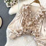 DERMEARNE 2025 New Vintage Shirts Women American Fashion Tops Casual Loose Solid V-neck Blouse Chic Lantern Long Sleeve Ruffles Tunic