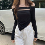 WTEMPO Sexy Off Shoulder Slim Fit T-shirt Women Solid Color Slim Fit Irregular Bottom Shirt Fashion Female Shirt Drop Shipping