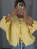 Women Fashion Yellow Lace-up Knit Cardigan Elegant Round Neck Pleated Cuff Sleeves Short Sweaters Autumn Lady High Streetwear