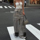 Streetwear Scrawl Low Waist Jeans Women Washed Graffiti Painted Baggy Cargo Pants Y2k Slouchy Casual Wide Leg Trousers