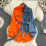 DERMEARNE Women Shirt Denim Splice Full Sleeve Single Breasted T Shirts Turn Down Collar Irregular Midi Blouses Belt Ladies Autumn