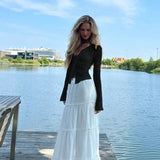 DERMEARNE Women Lace Flare Bell Sleeve T Shirt Female Black See Through Lace Up Floral V Neck Tees Top Sexy Wear Spring Summer Yuqung